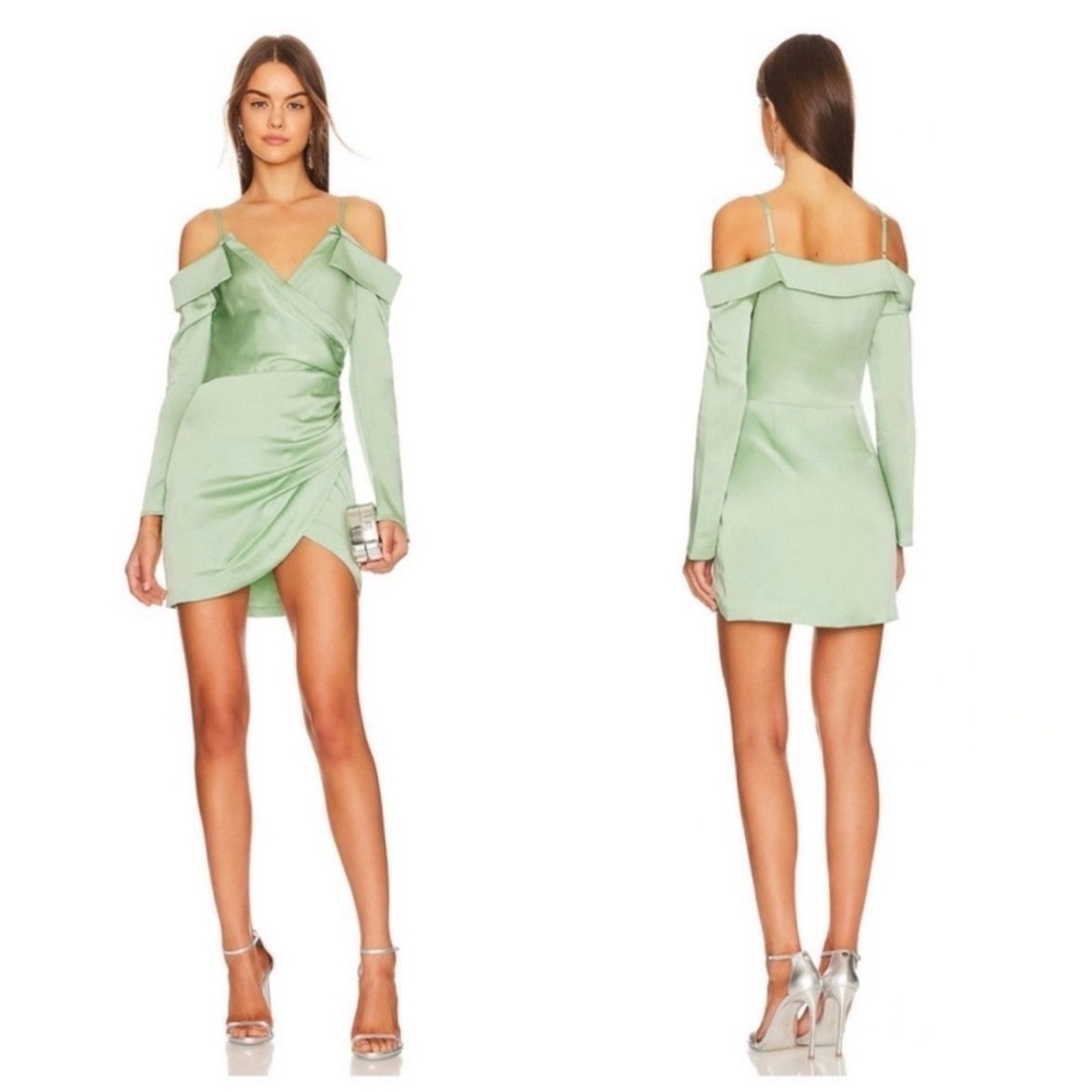 NEW NWT JONATHAN
SIMKHAI Edna Off-The-Shoulder
Satin Mini Dress in Celery
